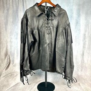 Vintage Western Motorcycle Leather Fringe Lace Up Pullover Jacket Made in USA
